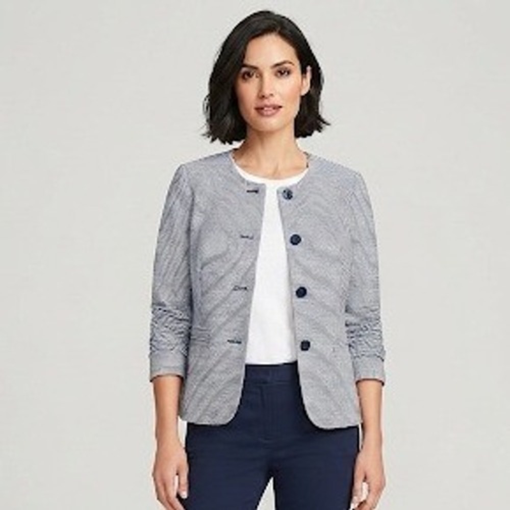 Talbots Womens Navy White Striped Collarless 4 Button Blazer Jacket 16 Nautical